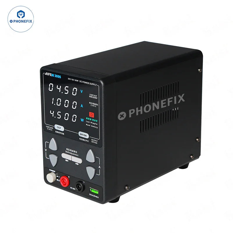 AIFEN 3006 30V 6A 180W DC power supply for mobile repair, shown with adjustable voltage and current controls.