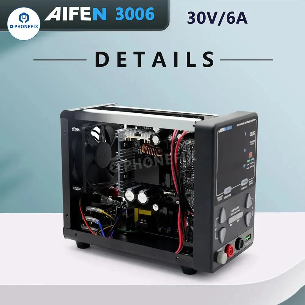 AIFEN 3006 DC power supply for mobile repair, 30V 6A 180W, shown with cables and controls on a workbench.