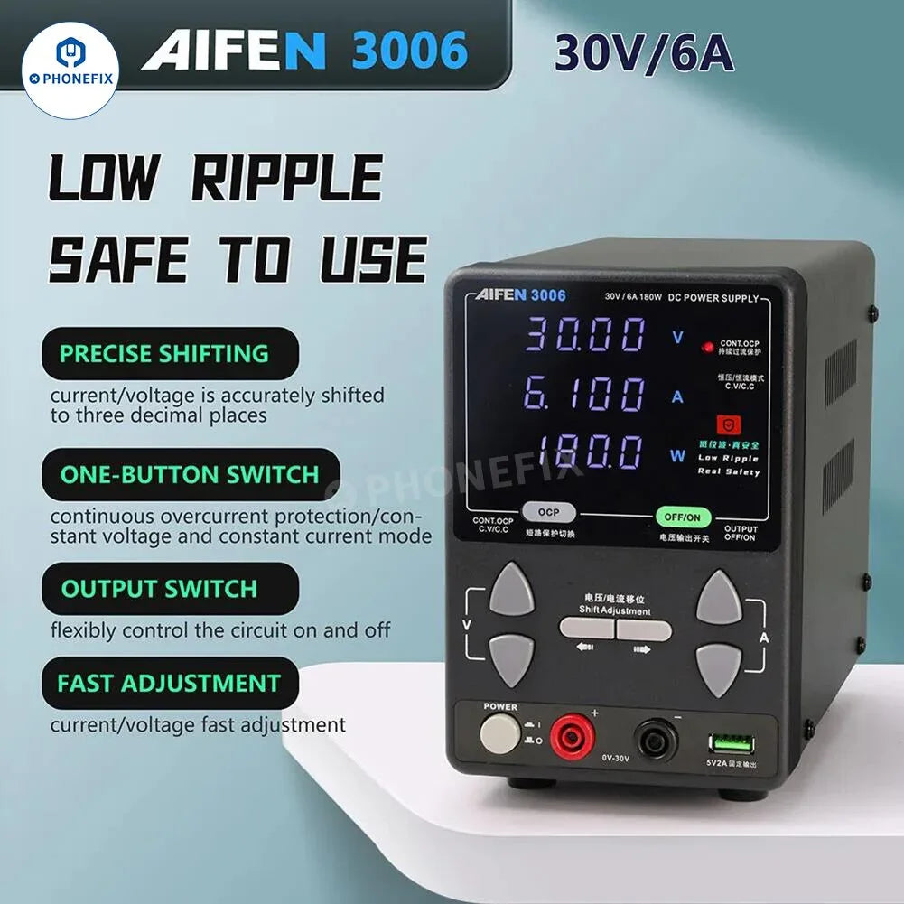 AIFEN 3006 30V 6A DC power supply for mobile repair with control knobs and display screen, branded by PHONEFIX.