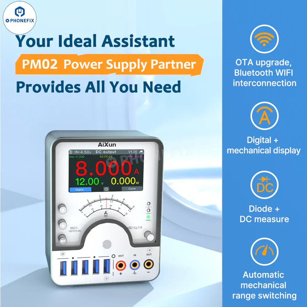 PHONEFIX AiXun PM02 smart DC power supply for iPhone and Android devices, compact and portable charging partner.
