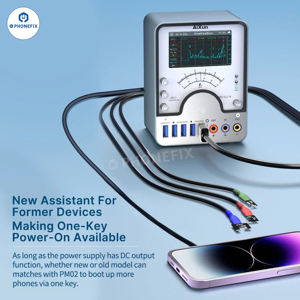 AiXun PM02 PhoneFix smart DC power supply partner for iPhone and Android devices, showing the compact power supply unit.