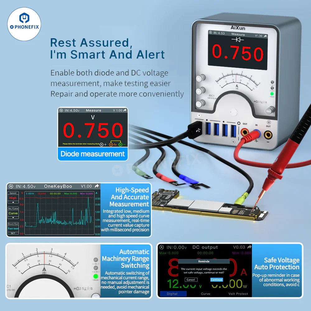 AiXun PM02 smart DC power supply for iPhone and Android devices, branded PHONEFIX, shown connected to compatible smartphones.