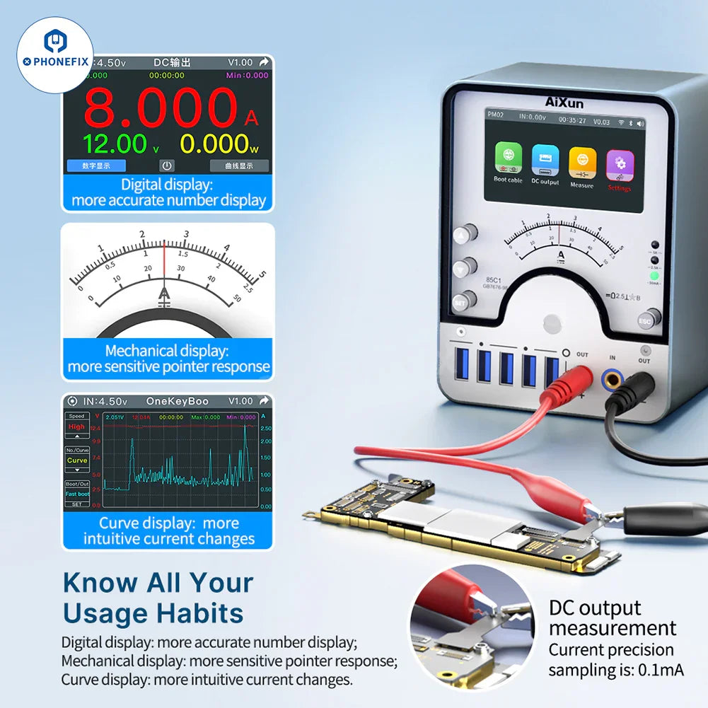 AiXun PM02 smart DC power supply by PHONEFIX for iPhone and Android devices, shown connected for charging and power testing.