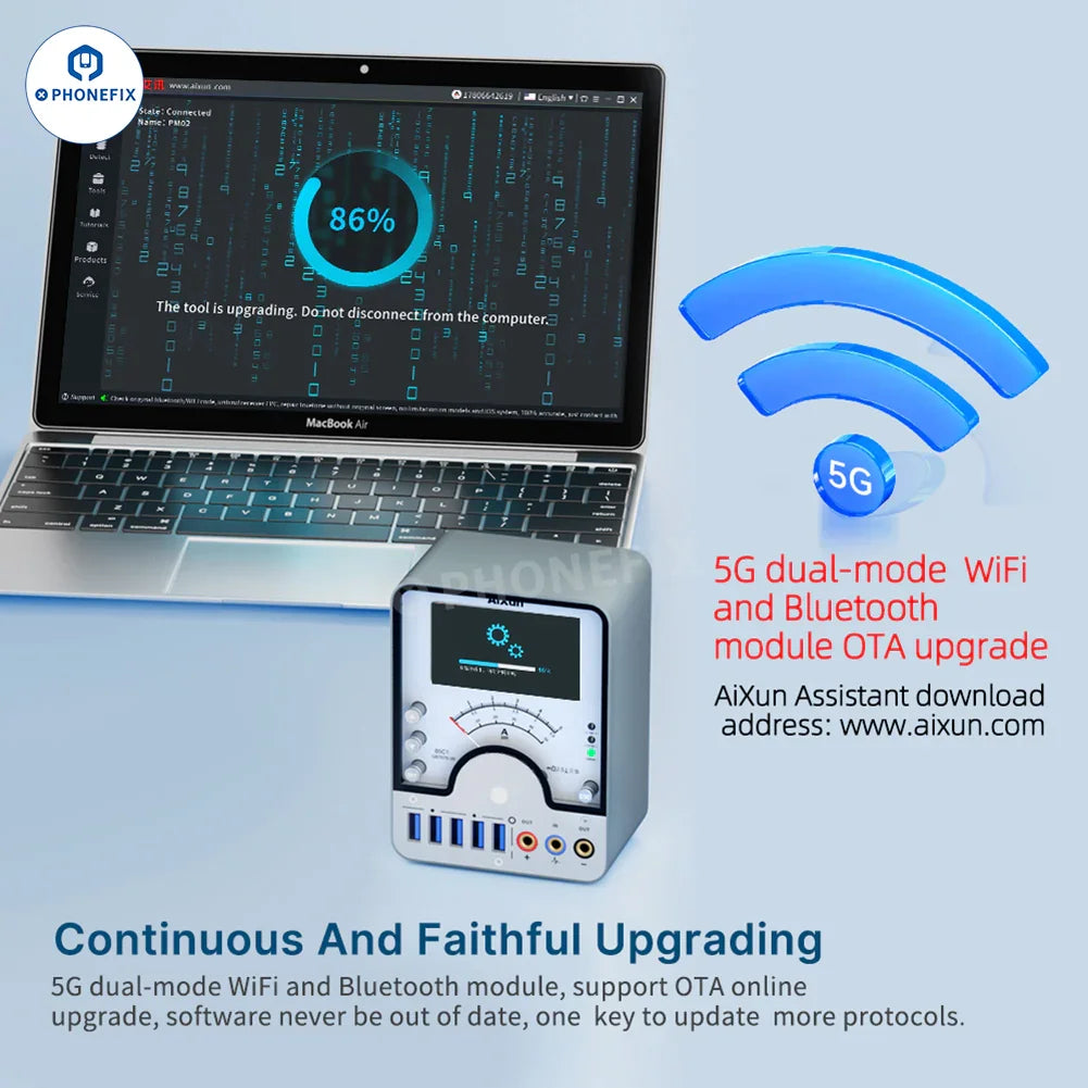 PHONEFIX AiXun PM02 smart DC power supply for iPhone and Android devices, compact and portable power partner.