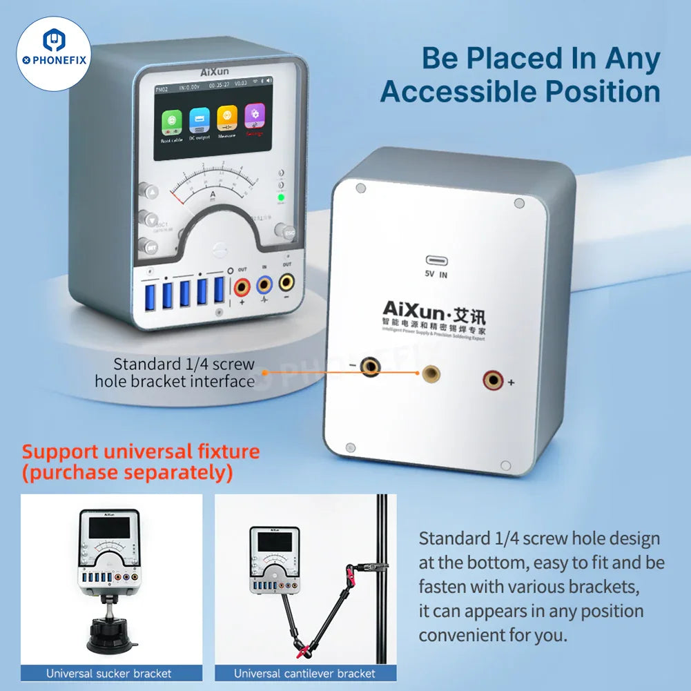 AiXun PM02 Smart DC Power Supply from PHONEFIX for iPhone and Android devices, shown connected with cables and device ports.