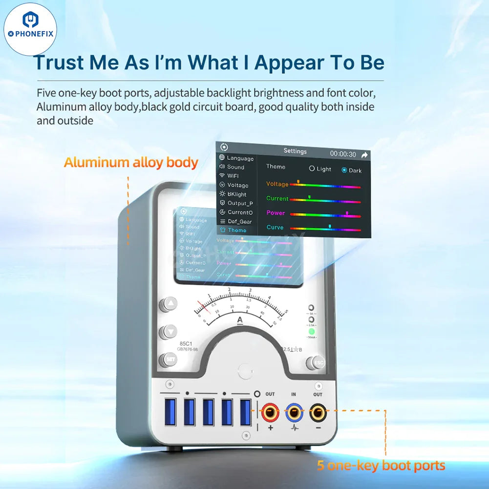 AiXun PM02 Smart DC Power Supply from PHONEFIX, compact device designed for charging iPhone and Android smartphones.