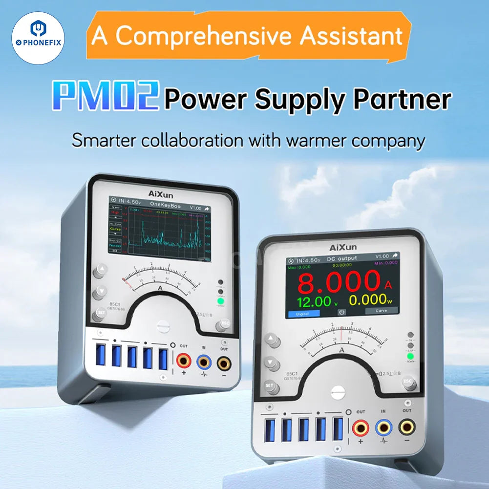 AiXun PM02 smart DC power supply partner for iPhone and Android devices, showing a compact, portable power supply unit by PHONEFIX.