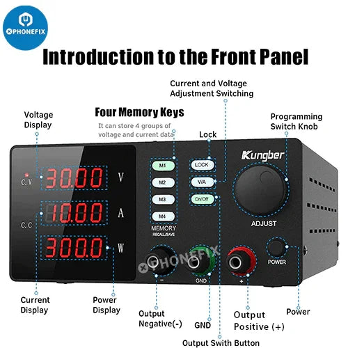 PhoneFix SPPS-S Series adjustable regulated DC power supply in black, showing front panel with control knobs and display.