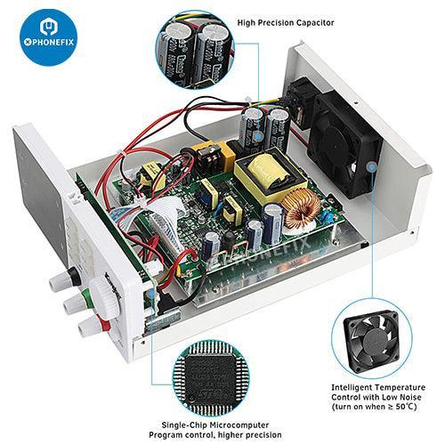PHONEFIX SPPS-S Series adjustable regulated DC power supply in black, with controls and display for laboratory use.