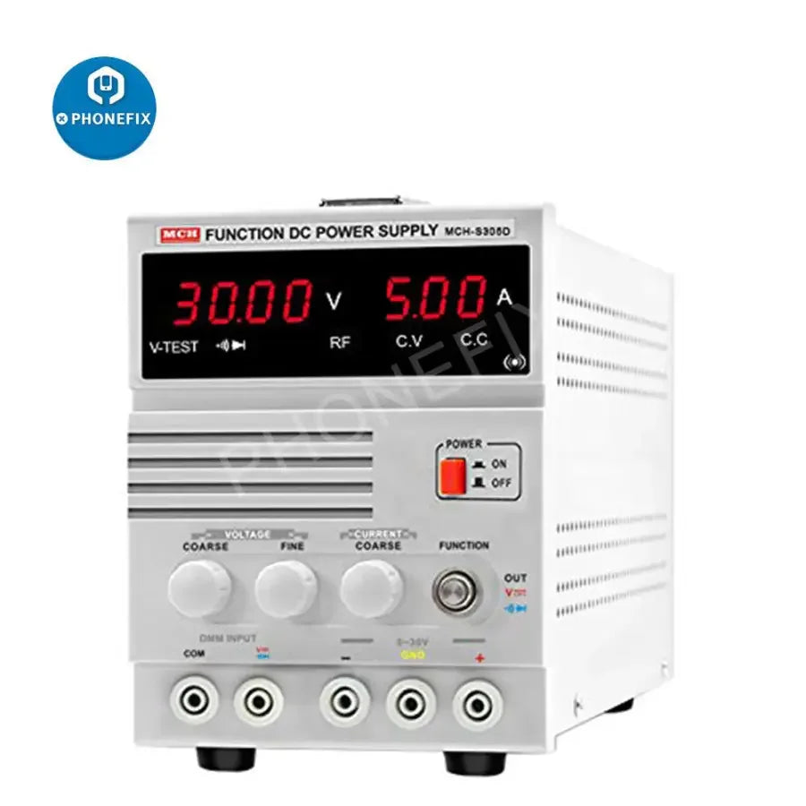 PhoneFix 30V 5A Mch-S305D maintenance linear DC power supply for phone repair, with adjustable voltage and current settings.
