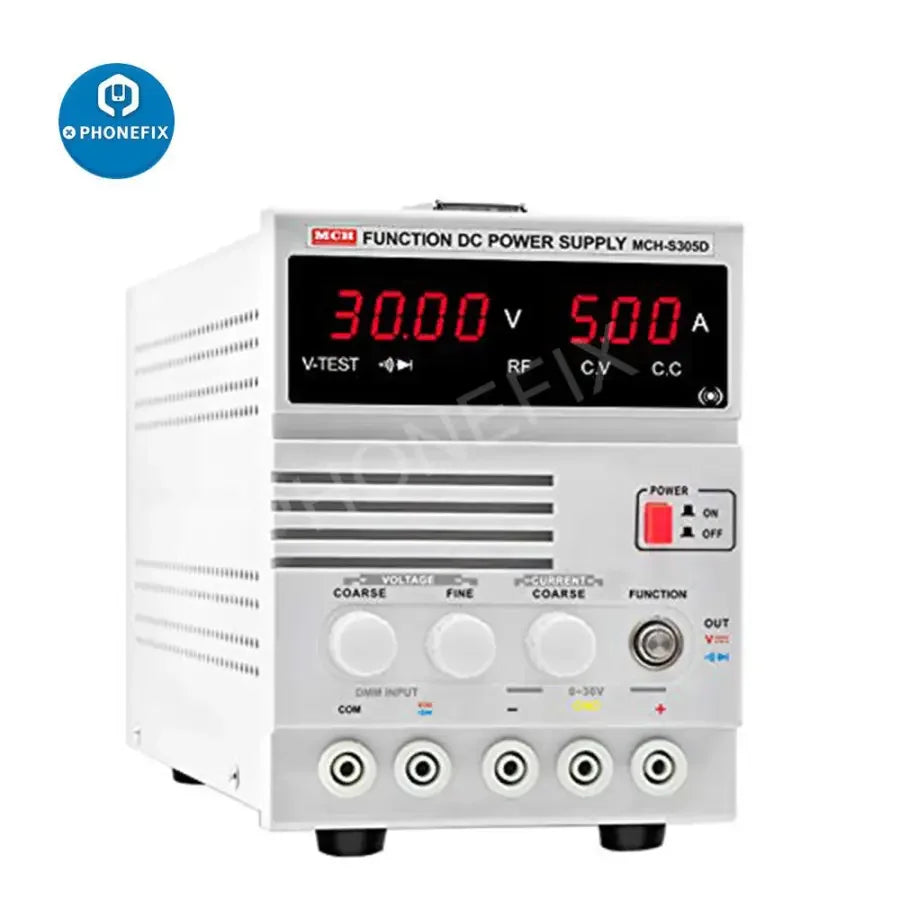 PhoneFix 30V 5A Mch-S305D linear DC power supply for phone repair, showing control knobs and digital display on the device.