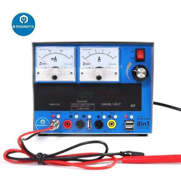 PHONEFIX 8-in-1 regulated DC power supply tool for phone repair, showing multiple connectors and control dials for versatile use.