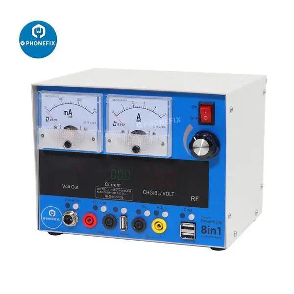 PhoneFix 8-in-1 regulated DC power supply for phone repair, multi-purpose tool with adjustable voltage and current options.
