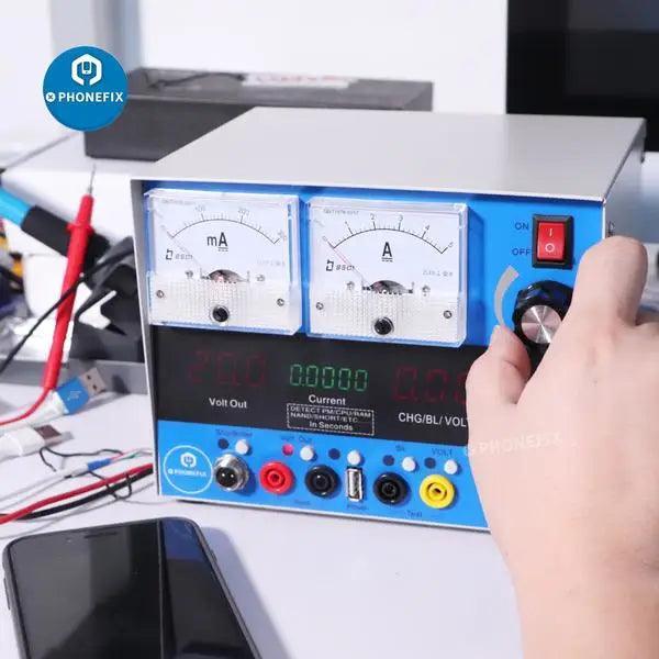 PhoneFix 8-in-1 regulated DC power supply for phone repair, multi-purpose tool with adjustable voltage and current settings.