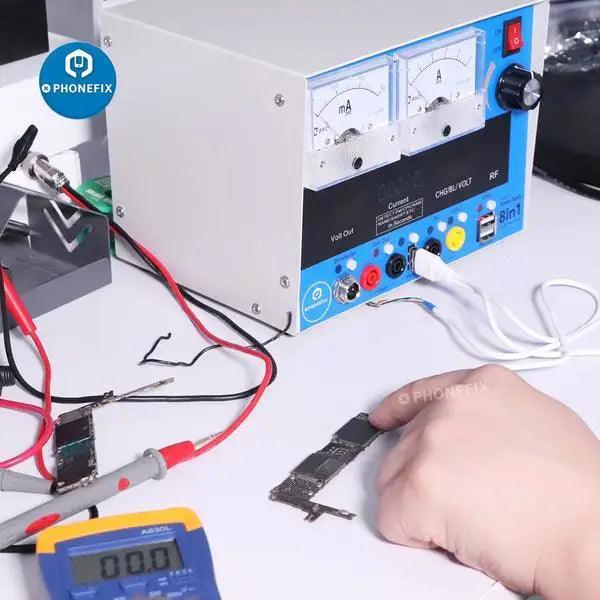 PhoneFix 8-in-1 regulated DC power supply for phone repair, versatile tool with multiple output options for electronic device servicing.