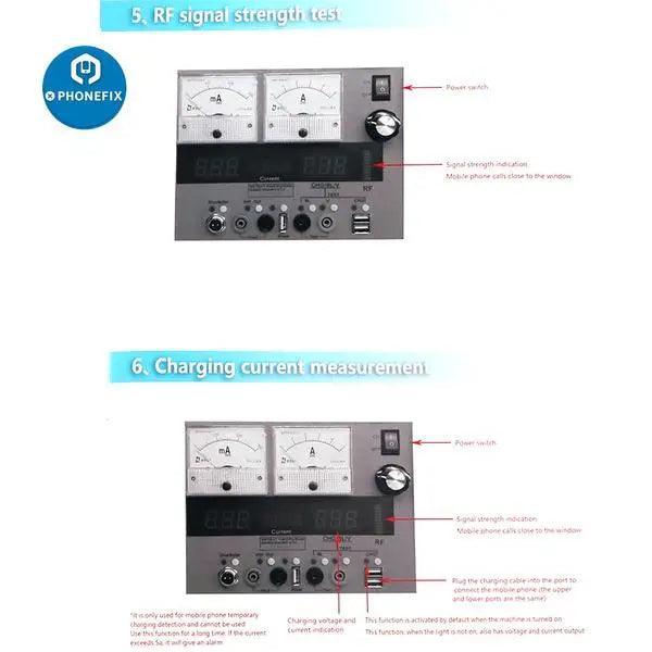 PhoneFix 8-in-1 regulated DC power supply for phone repair, multi-purpose tool with various connectors and adjustable voltage settings.