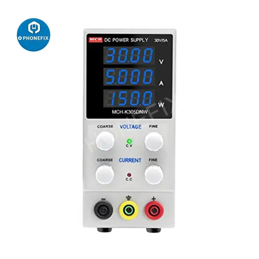 PhoneFix DMCH-K305DNW 4-digit digital regulated DC power supply for phone repair, showing control panel and display.