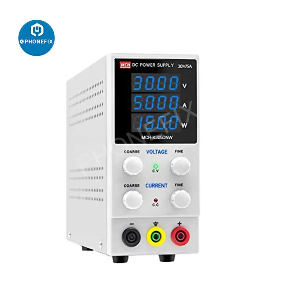 PHONEFIX DMCH-K305DNW 4-digit digital regulated DC power supply used for phone repair, with display and control knobs.