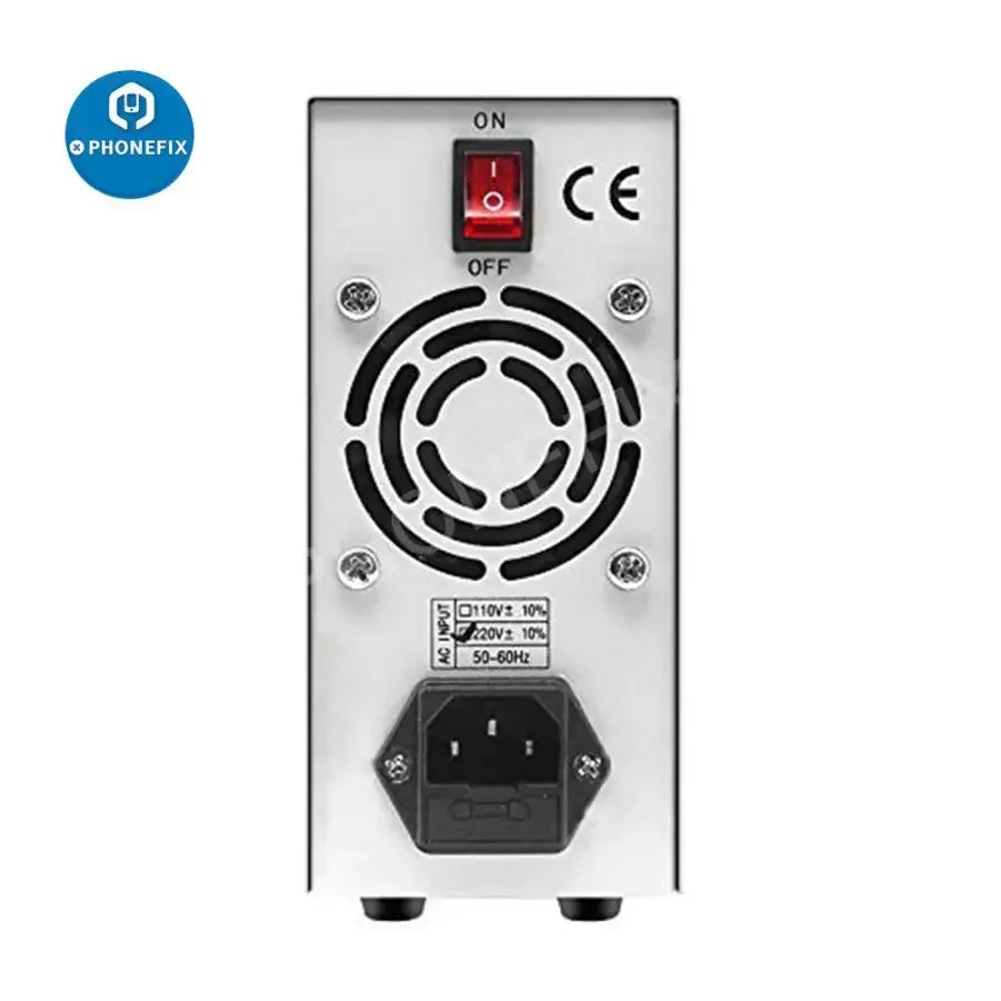 PhoneFix DMCH-K305DNW 4-digit digital regulated DC power supply for phone repair, with display and control knobs.