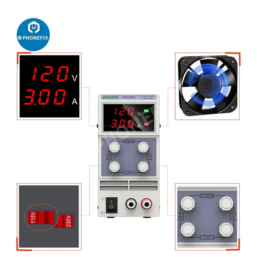 PhoneFix LED lab DC power supply with stabilized voltage regulator switch for precise electronic testing and prototyping.