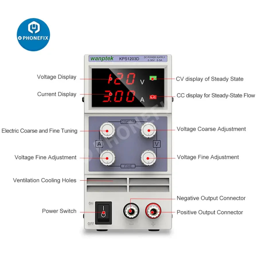 PhoneFix LED lab DC power supply with stabilized voltage regulator and switch for precise electronic testing and experiments.