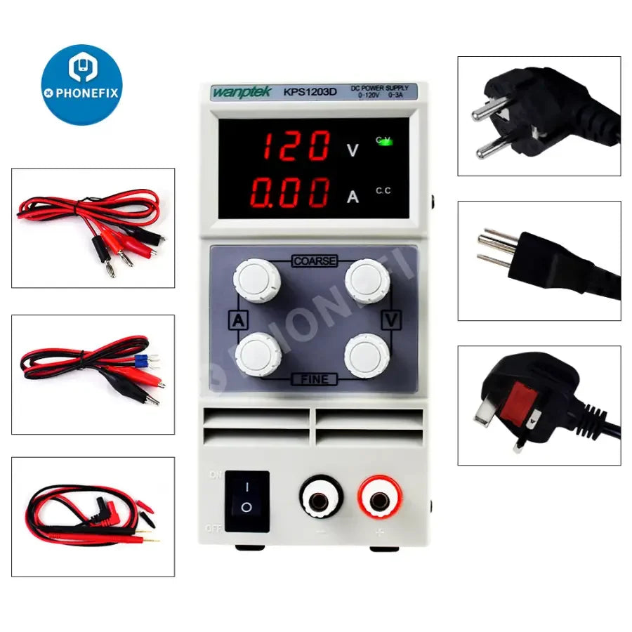 PhoneFIX LED lab DC power supply with stabilized voltage regulator and switch for precise electronic testing and prototyping.