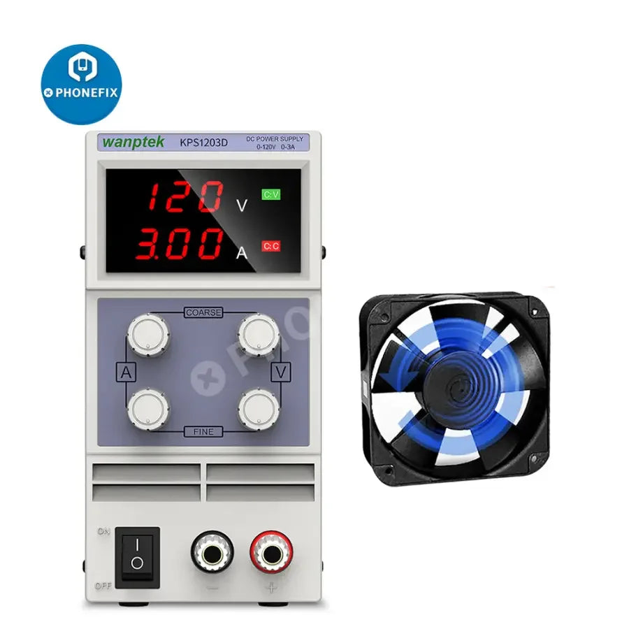 Phonefix LED lab DC power supply with stabilized voltage regulator and switch for precise electronic testing and power management.