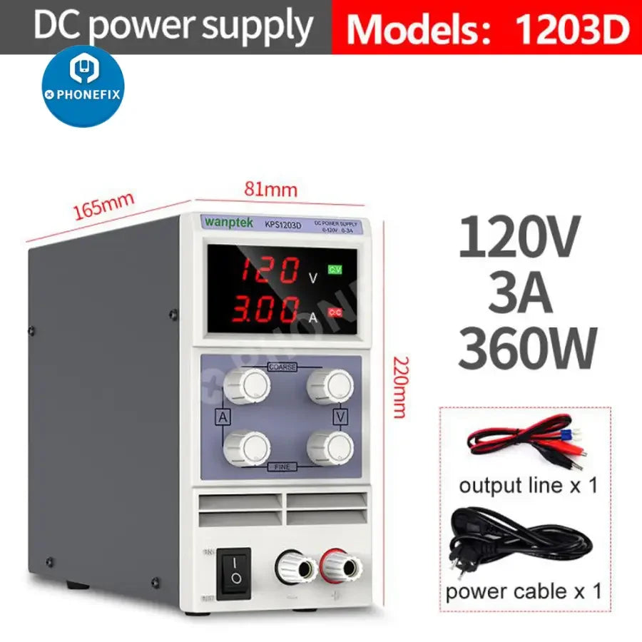 PHONEFIX LED lab power source with stabilized DC voltage regulator switch for precise electronic testing and power supply.