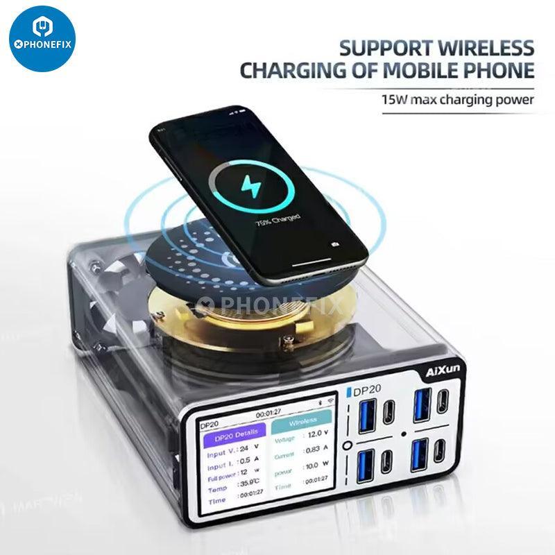 PHONEFIX Aixun DP20 desktop smart fast charger with US plug for iPhone, Android, and tablets, featuring DC power supply.