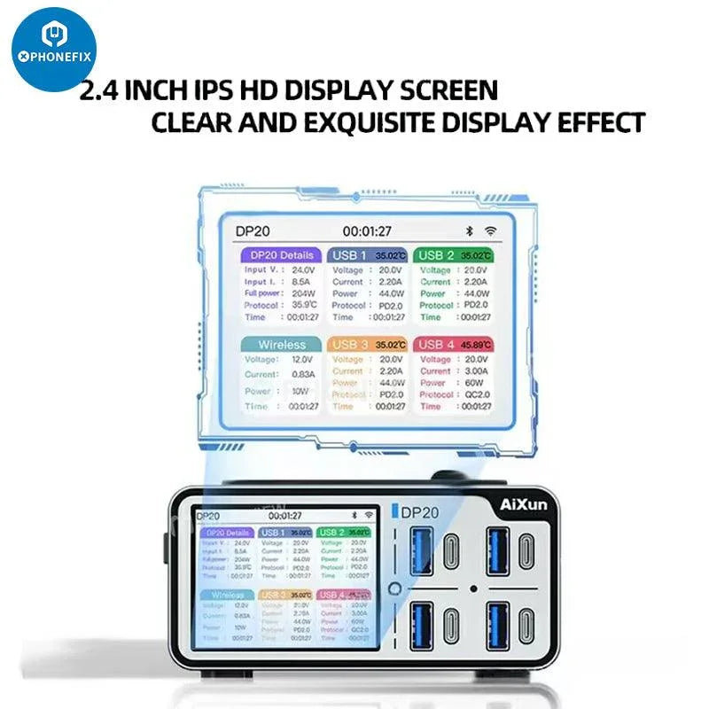 PHONEFIX Aixun DP20 desktop smart fast charger for iPhone, Android, and tablets with DC power supply and US plug.