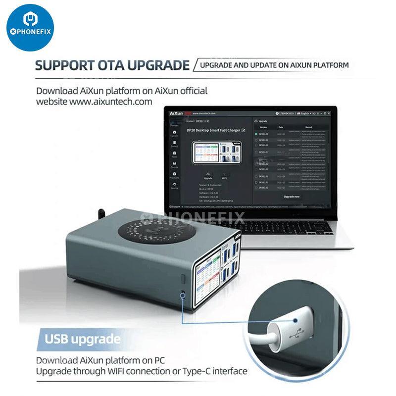 PHONEFIX Aixun DP20 Desktop Smart Fast Charger for iPhone, Android, and tablets, with DC power supply and US plug.