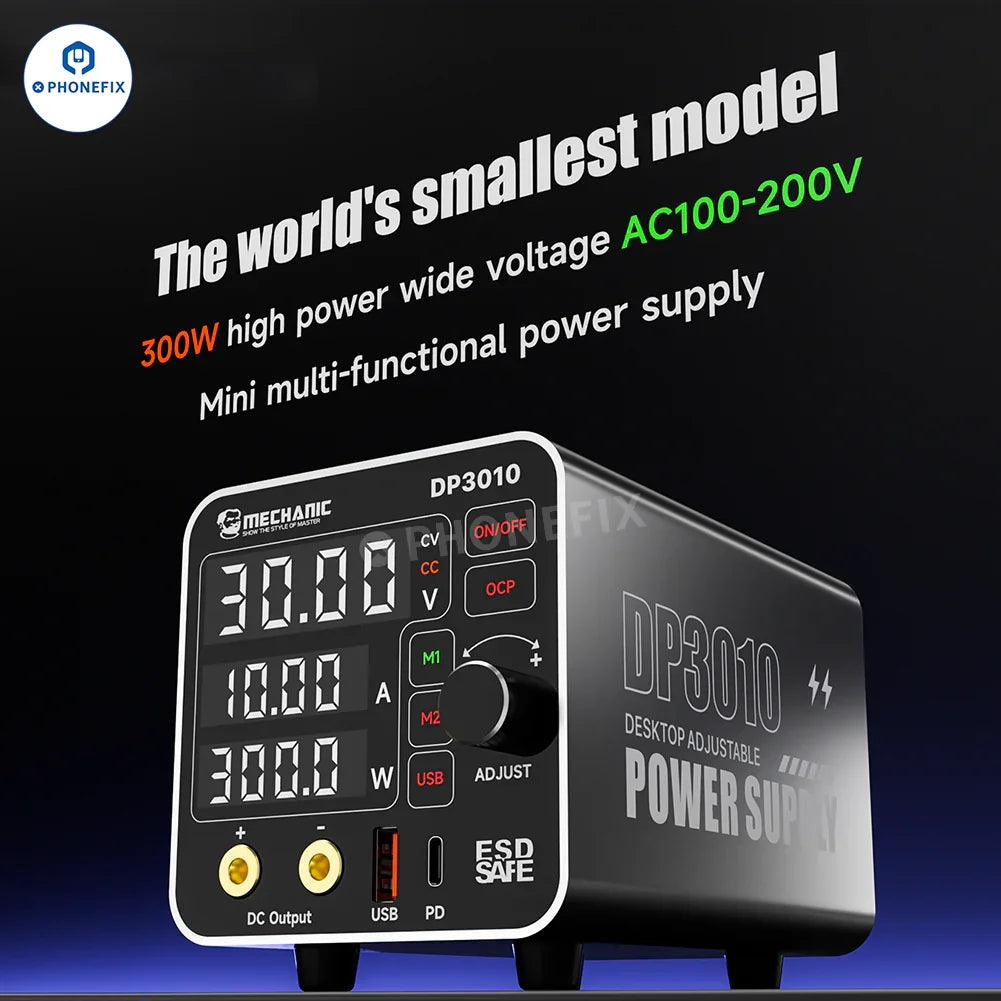 PHONEFIX MECHANIC DP3010 30V 10A DC power supply for phone and laptop repair, featuring digital display and adjustable voltage.