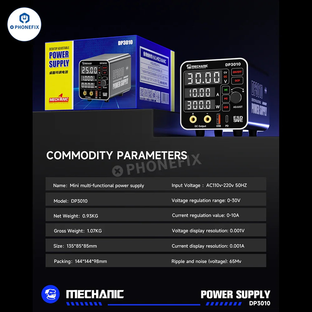 PHONEFIX MECHANIC DP3010 30V 10A DC power supply for phone and laptop repair, shown with digital display and adjustable controls.