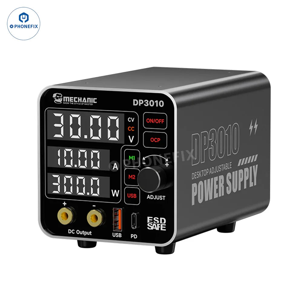 PHONEFIX Mechanic DP3010 30V 10A DC power supply used for phone and laptop repair, with digital display and connection ports.