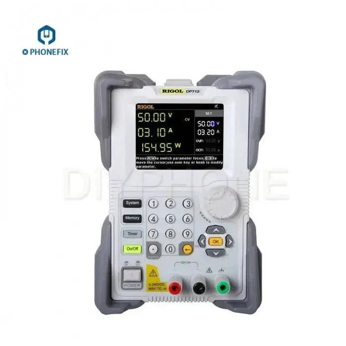 RIGOL DP712 50V 3A 150W DC power supply from PHONEFIX, programmable linear bench power supply with digital display and controls.