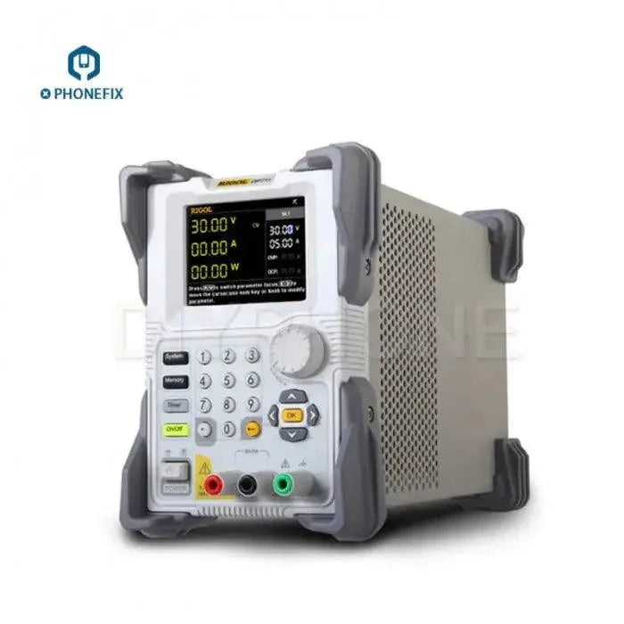 RIGOL DP712 50V 3A 150W DC power supply by PHONEFIX, programmable linear power supply with digital display and control knobs.