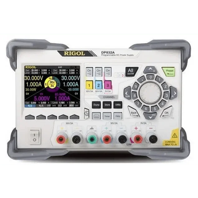 Rigol DP832A laboratory programmable DC power supply with 3 channels, featuring digital display and control knobs.