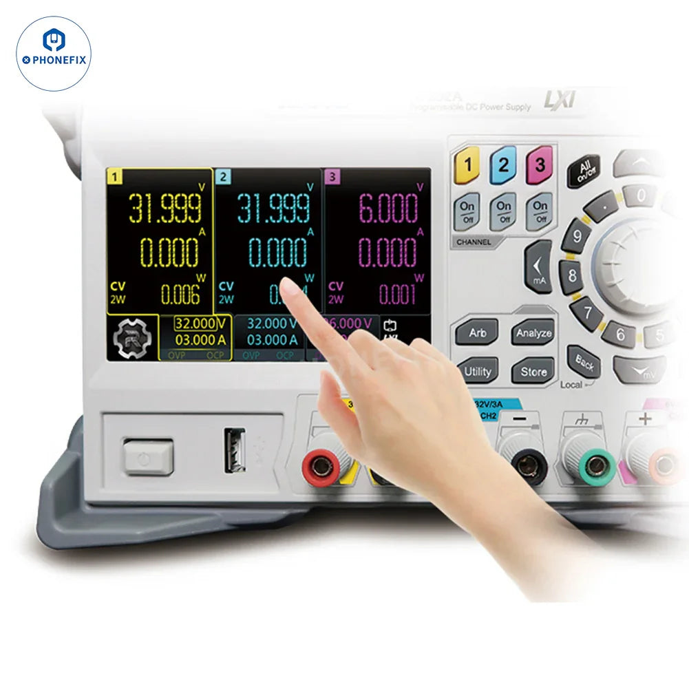 PHONEFIX RIGOL DP932A DP932E DP932U programmable DC power supply with digital display and control knobs.