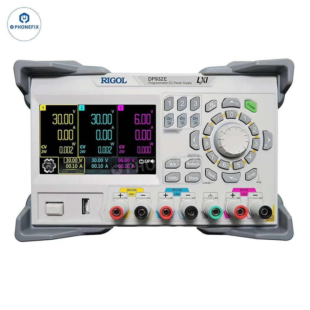 PHONEFIX RIGOL DP932E programmable DC power supply with digital display and multiple output options, used for electronic testing and repair.