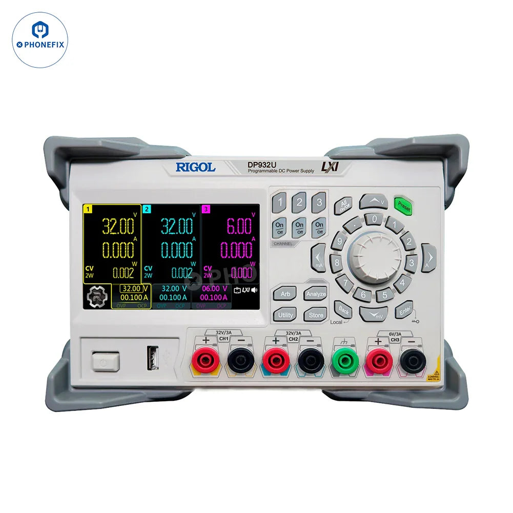 Phonefix RIGOL DP932U programmable DC power supply with digital display and adjustable voltage and current settings.