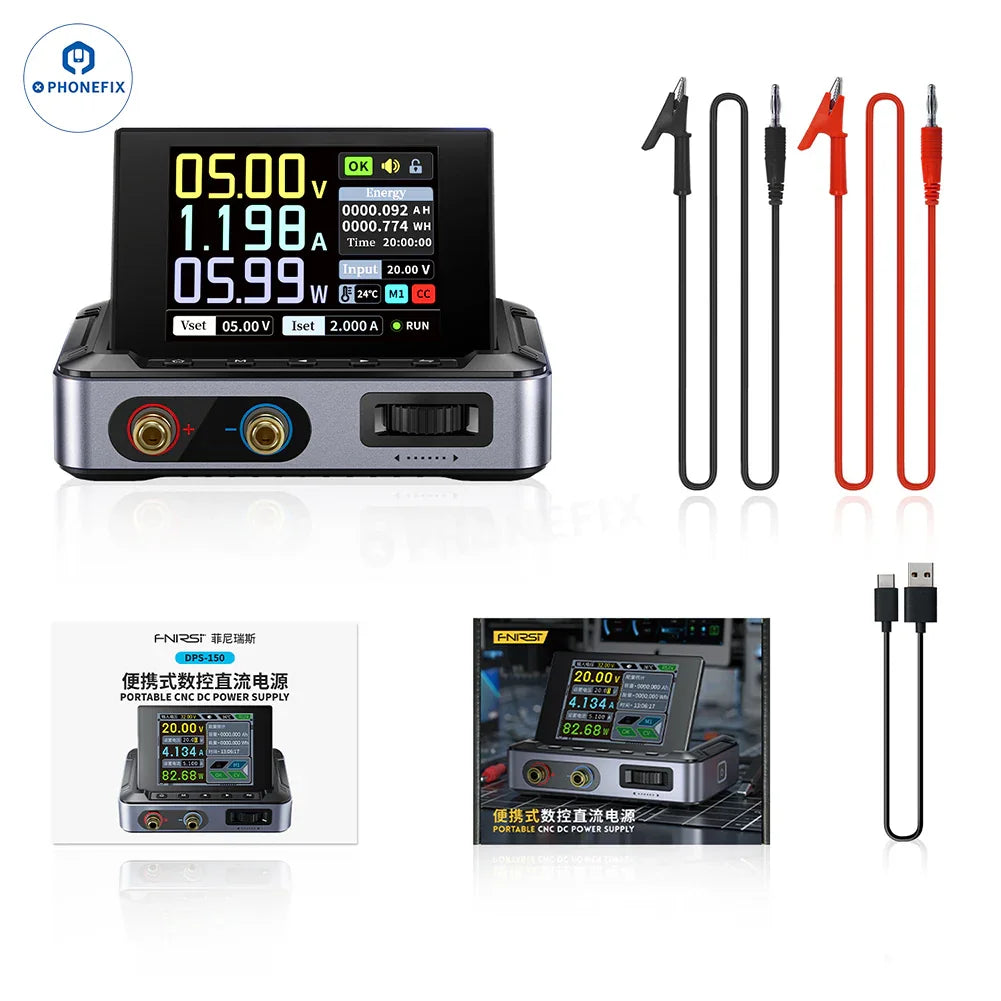 FNIRSI DPS-150 programmable mini DC power supply with 30V and 5A output, featuring digital controls and display.
