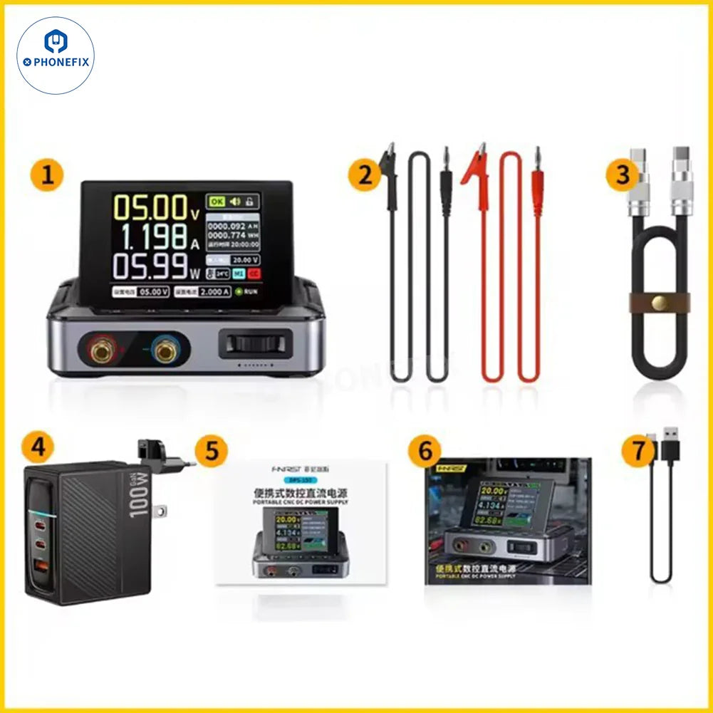 FNIRSI DPS-150 programmable mini DC power supply with 30V, 5A output, shown with digital display and control knobs.