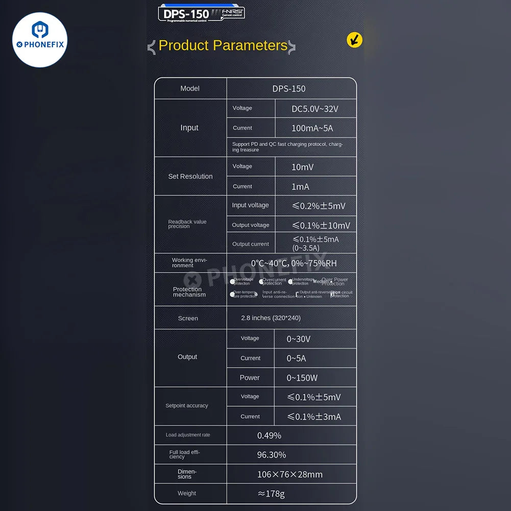 FNIRSI DPS-150 programmable mini DC power supply displaying voltage and current settings on a compact device.
