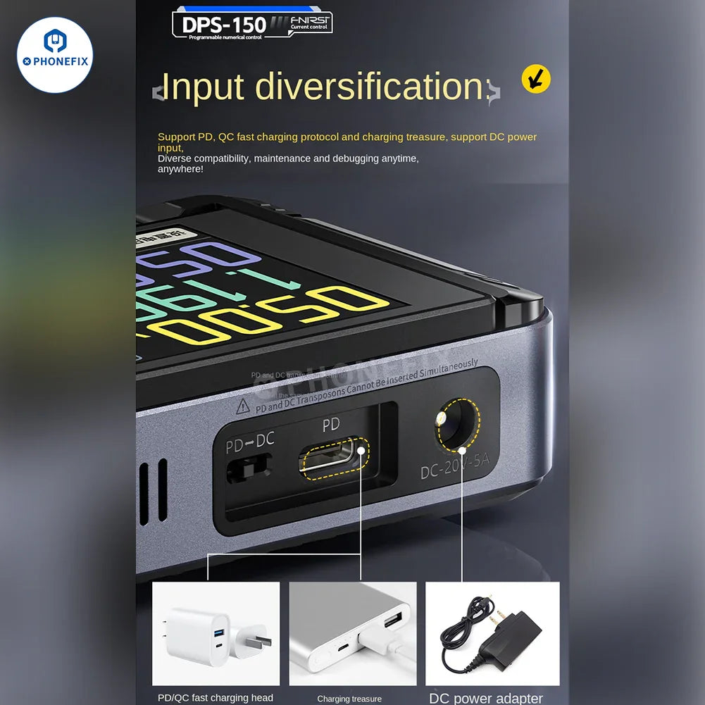 Phonefix FNIRSI DPS-150 programmable mini DC power supply displaying voltage and current controls with digital screen.