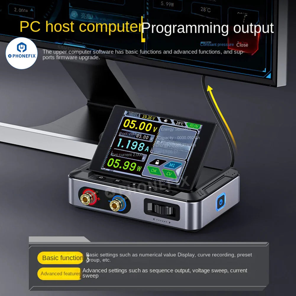 FNIRSI DPS-150 programmable mini DC power supply showing voltage and current controls with digital display.