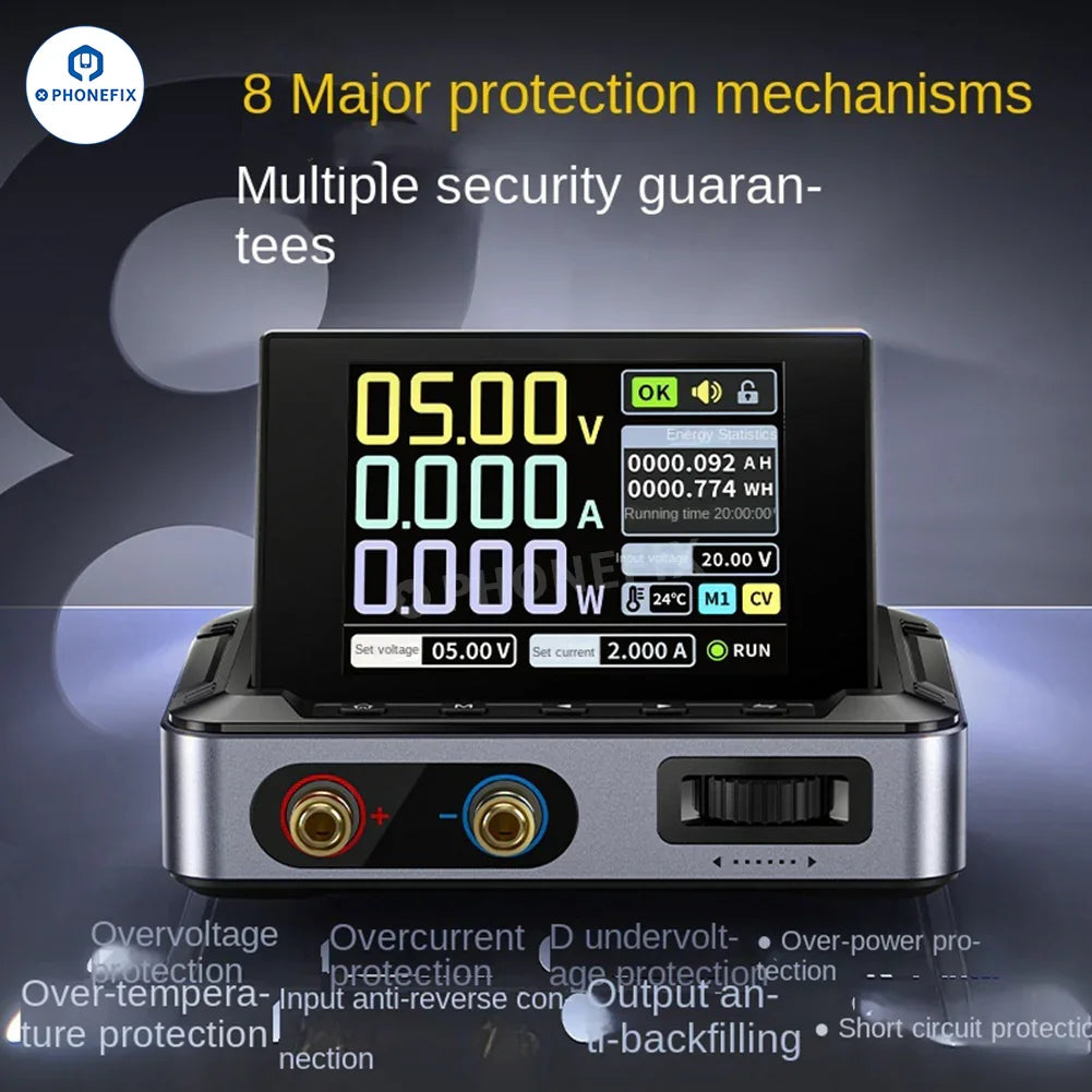 FNIRSI DPS-150 programmable mini DC power supply showing digital display, knobs, and connections for adjustable 30V 5A power output.