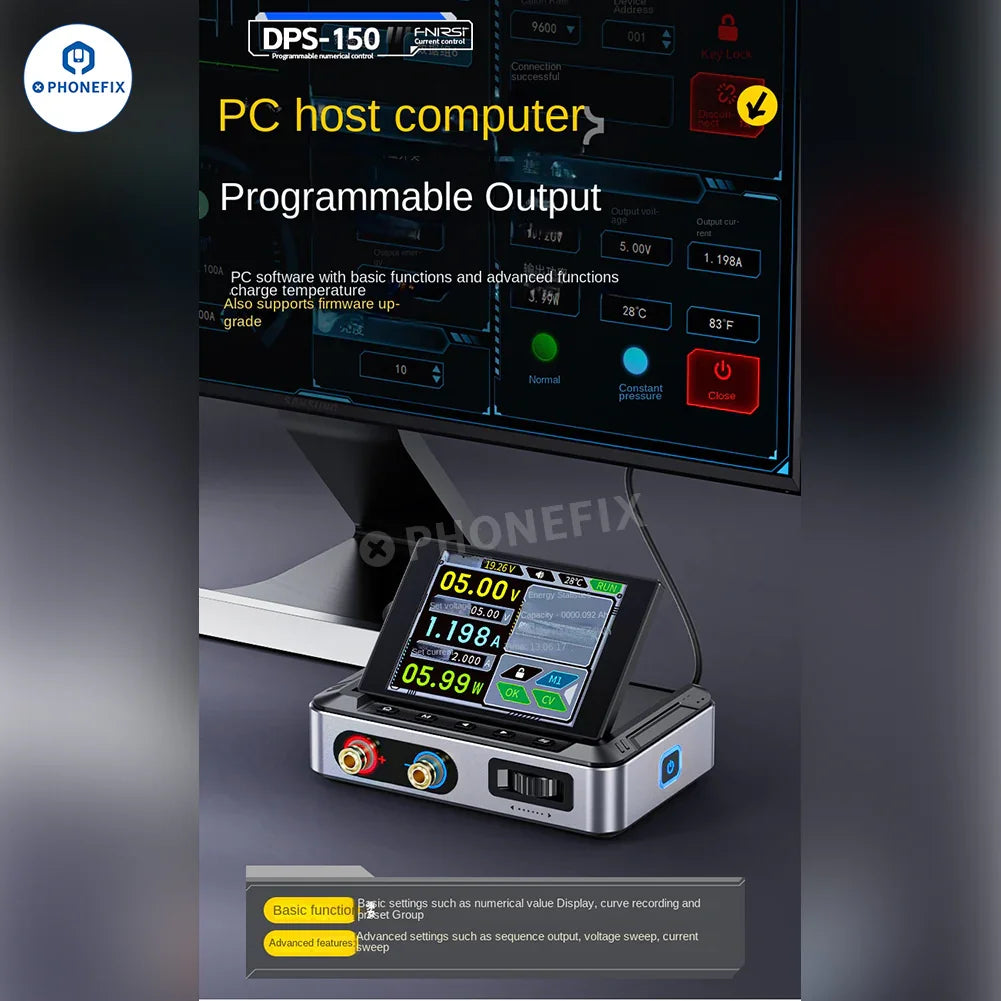 FNIRSI DPS-150 programmable mini DC power supply displaying voltage and current controls, with digital screen and input ports.