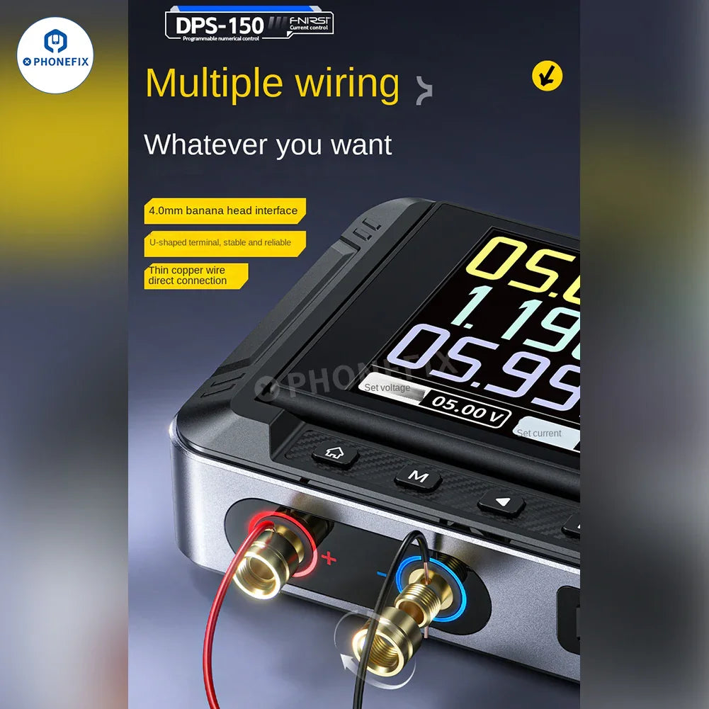 FNIRSI DPS-150 programmable mini DC power supply showing voltage and current display in a compact design.