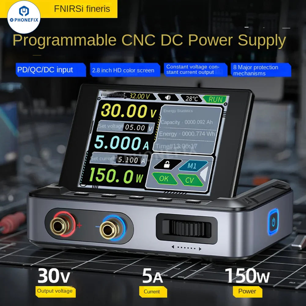FNIRSI DPS-150 programmable mini DC power supply with digital display, controls, and connection ports for testing electronics.