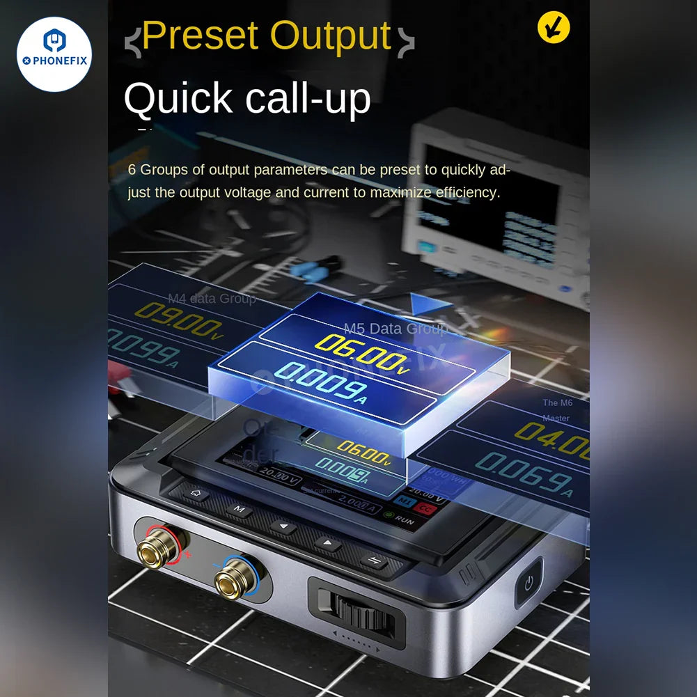 FNIRSI DPS-150 programmable mini DC power supply displaying voltage and current settings on a digital screen.